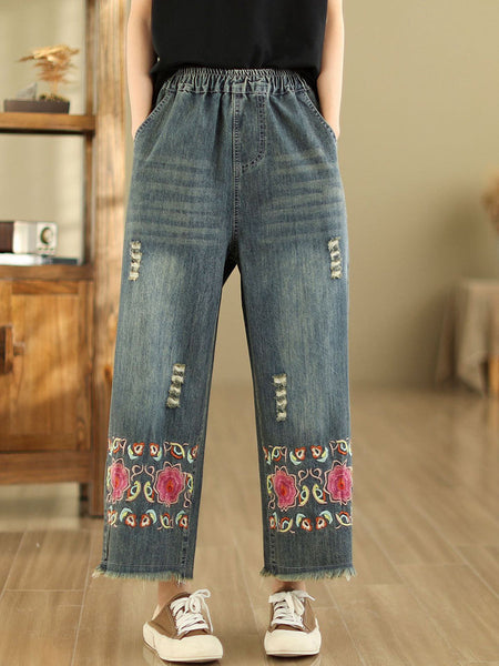 Women Summer Retro Embroidery Frayed Straight Denim Pants AS1042 Ada Fashion