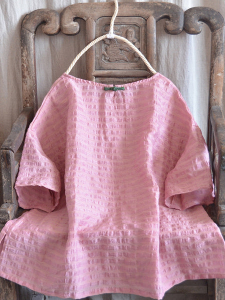 Women Artsy Solid Stripe Linen O-Neck Blouse CO1027 Ada Fashion