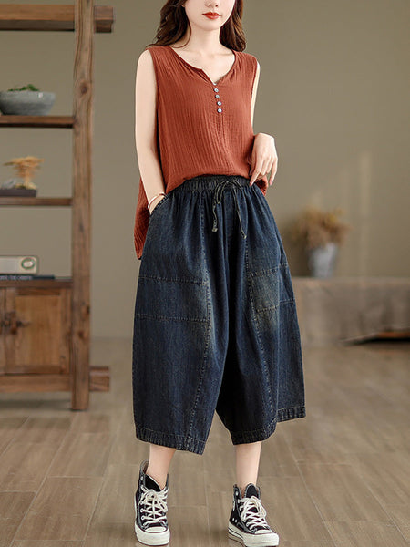 Women Summer Casual Solid Denim Spliced Wide-leg Pants PP1002 BUYKUD