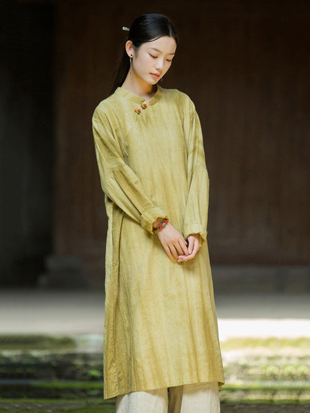 Women Autumn Vintage Tie-dye Ramie Robe Dress BA1042 Genistyle Shop