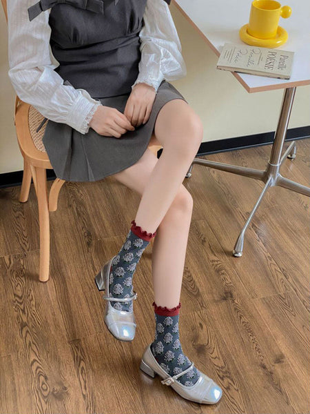 5 Pairs Women Artsy Foral Embroidery Colorblock Cotton Socks AV1043 Genistyle Shop