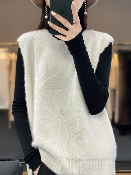 Women Casual Wool O-Neck Crochet Knit Vest AV1059 Genistyle Shop