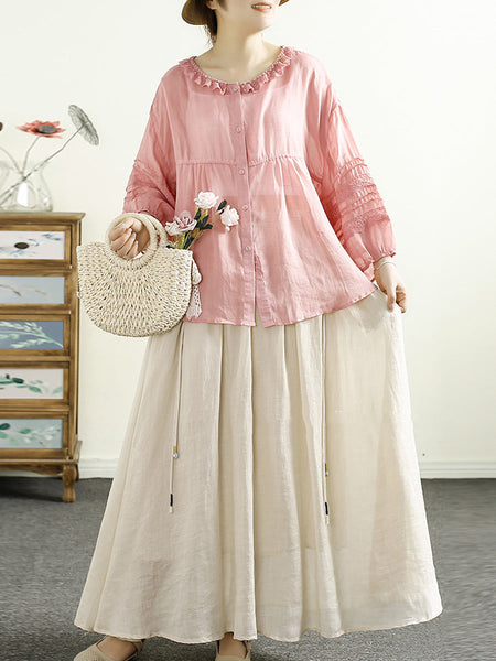 Women Artsy Solid Lacework Button-up Ramie Shirt HH043 MZS