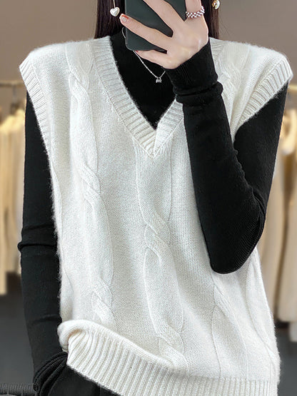 Women Casual Autumn Wool V-Neck Cable Knit Vest QN024 BUYKUD