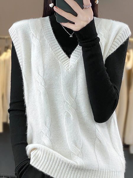 Women Casual Autumn Wool V-Neck Cable Knit Vest QN024 BUYKUD