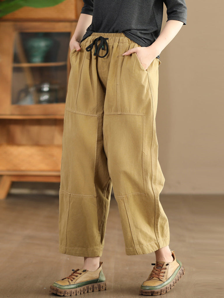 Women Autumn Vintage Solid Spliced Pocket Harem Pants AI1030 BUYKUD