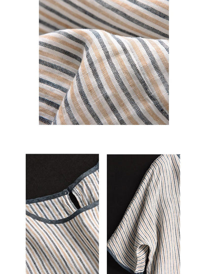 Women Summer Vintage Stripe Spliced Linen Shirt CV1052 Ada Fashion