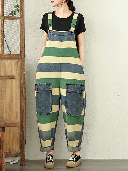 Summer Colorblock Women Loose Denim Stripe Jumpsuits FashionChic
