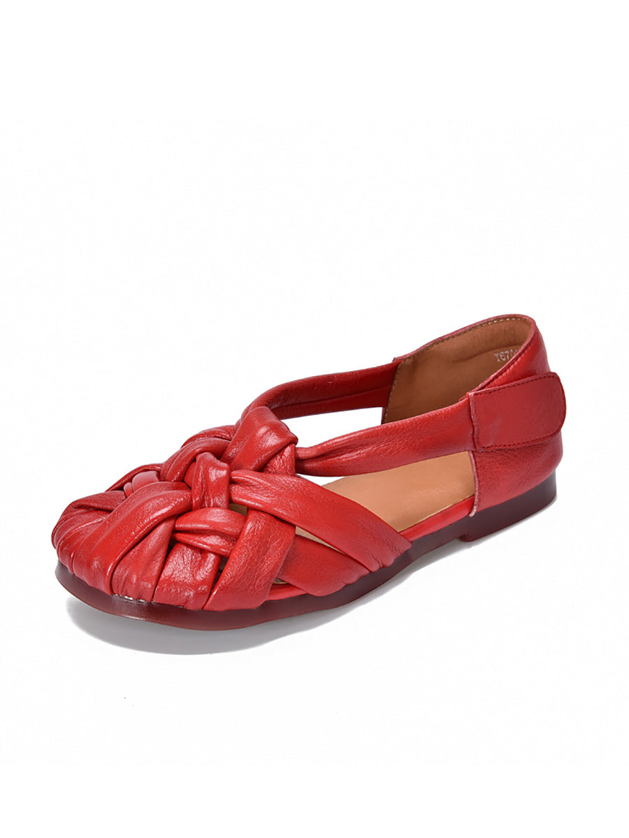 Summer Leather Flat Retro Women Weave Genuine Shoes FashionChic