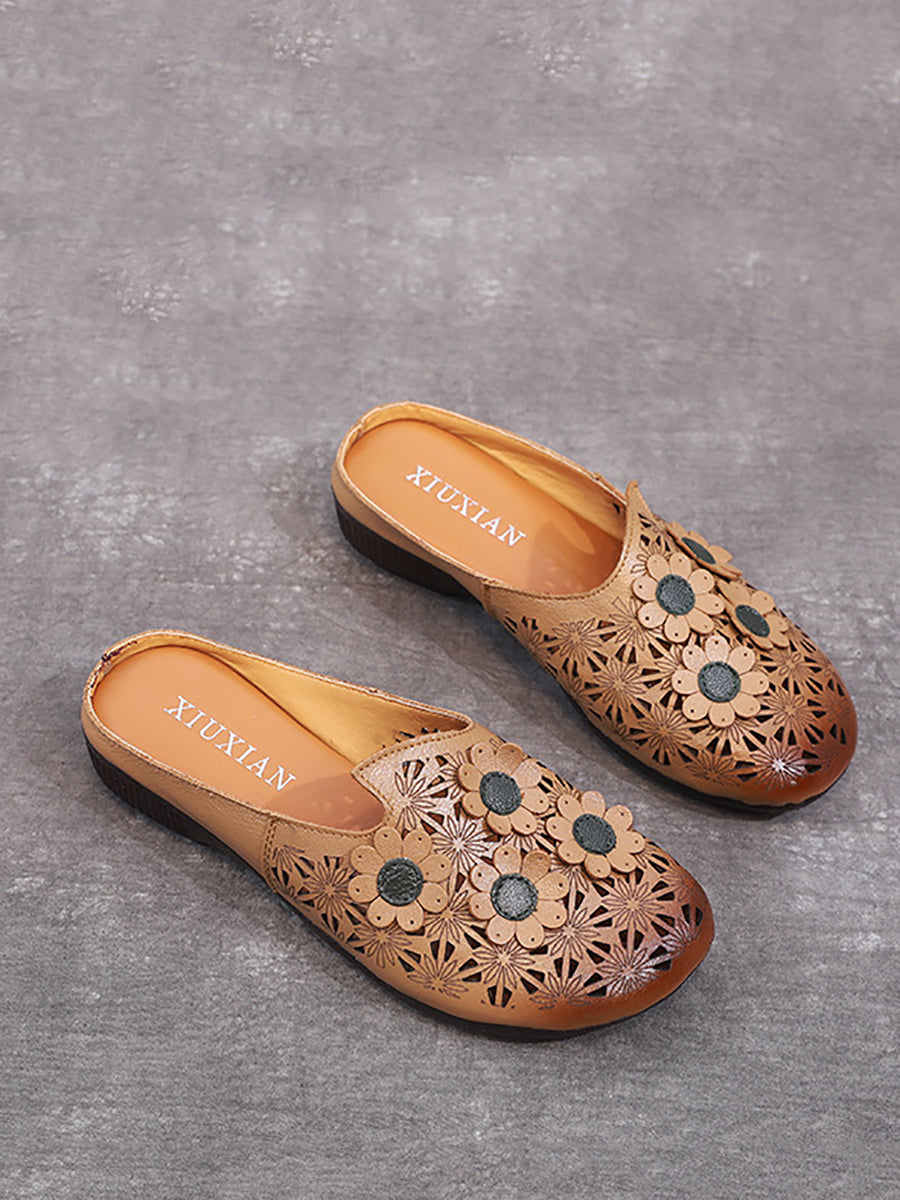 Women Summer Leather Flower Spliced Cutout Slippers OO1019 TJPX