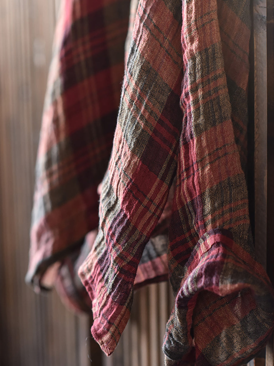 Women Spring Linen Retro Plaid Loose Shirt RR008 QYMM