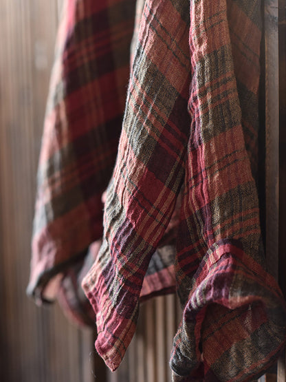 Women Spring Linen Retro Plaid Loose Shirt RR008 QYMM