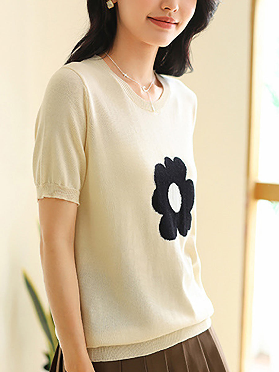 Women Summer Casual Flower Knitted Shirt KL1038 Ada Fashion