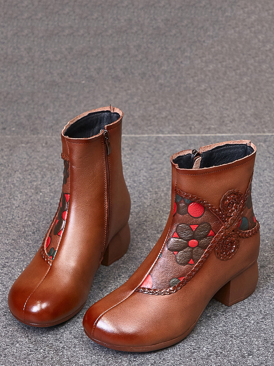 Women Ethnic Winter Flower Spliced Leather Mid-Heel Boots AI1013 MXXZ