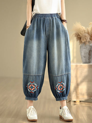 Denim Flower Women Pants Harem Embroidery Retro FashionChic