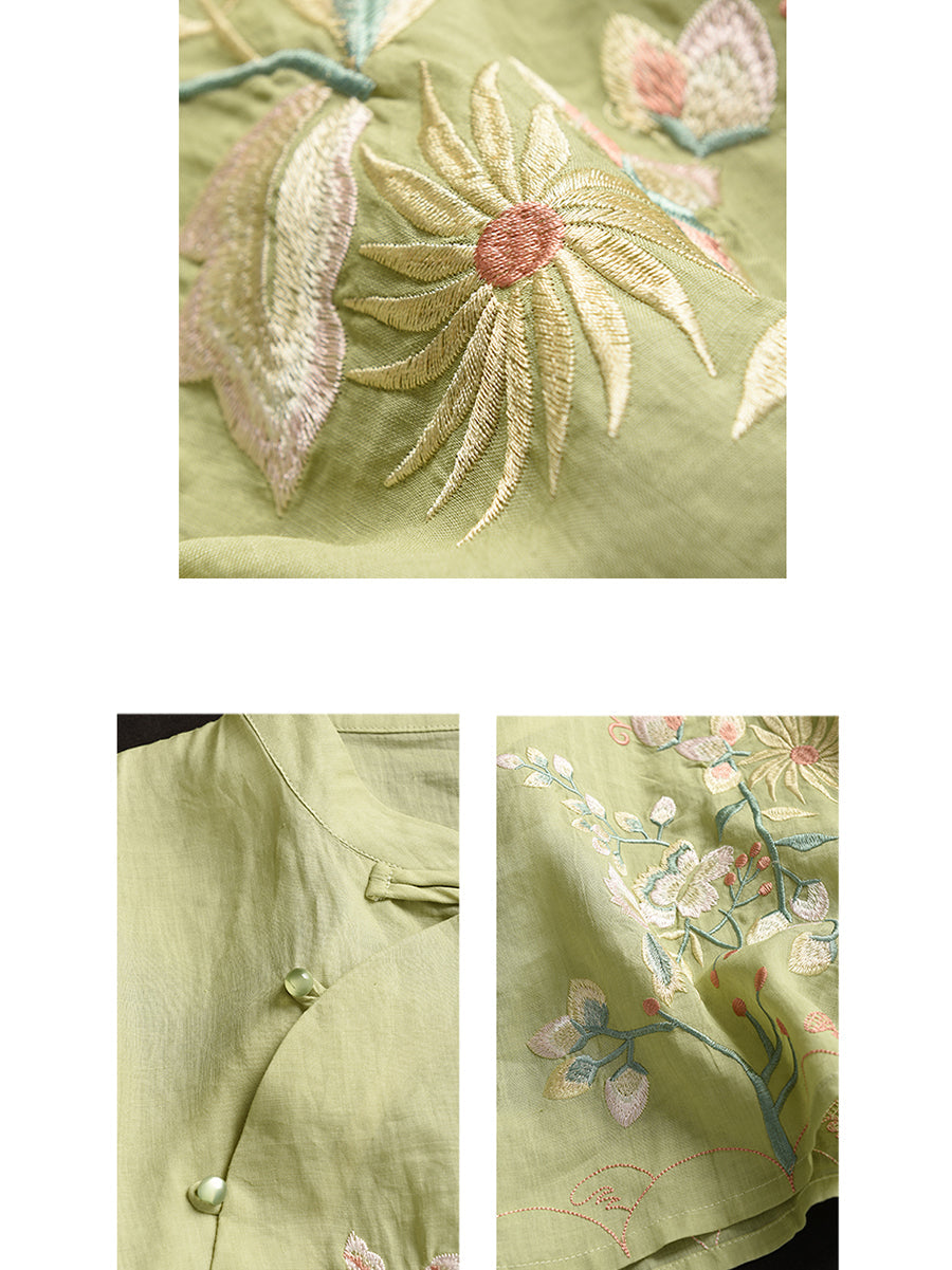 Women Vintage Floral Embroidery Ramie Stand Collar Shirt WE1038 Ada Fashion