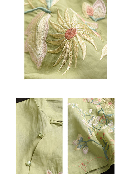 Women Vintage Floral Embroidery Ramie Stand Collar Shirt WE1038 Ada Fashion