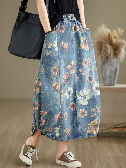 Women Summer Casual Flower Spliced Denim Skirt XX1027 Ada Fashion