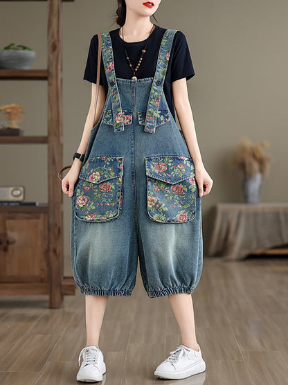 Women Summer Retro Flower Spliced Denim Jumpsuits ZZ1021 Ada Fashion