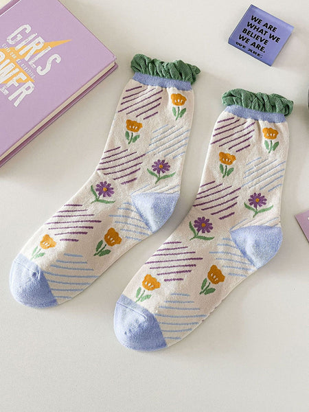 5 Pairs Women Artsy Flower Cotton Socks IO1012 Ada Fashion