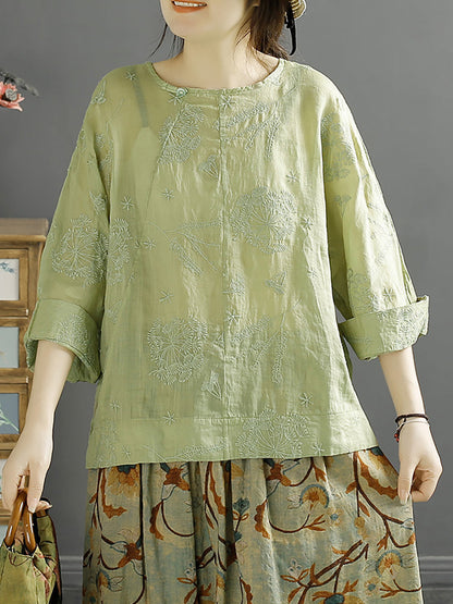 Women Vintage Embroidery Solid Ramie Shirt AA1012 Ada Fashion