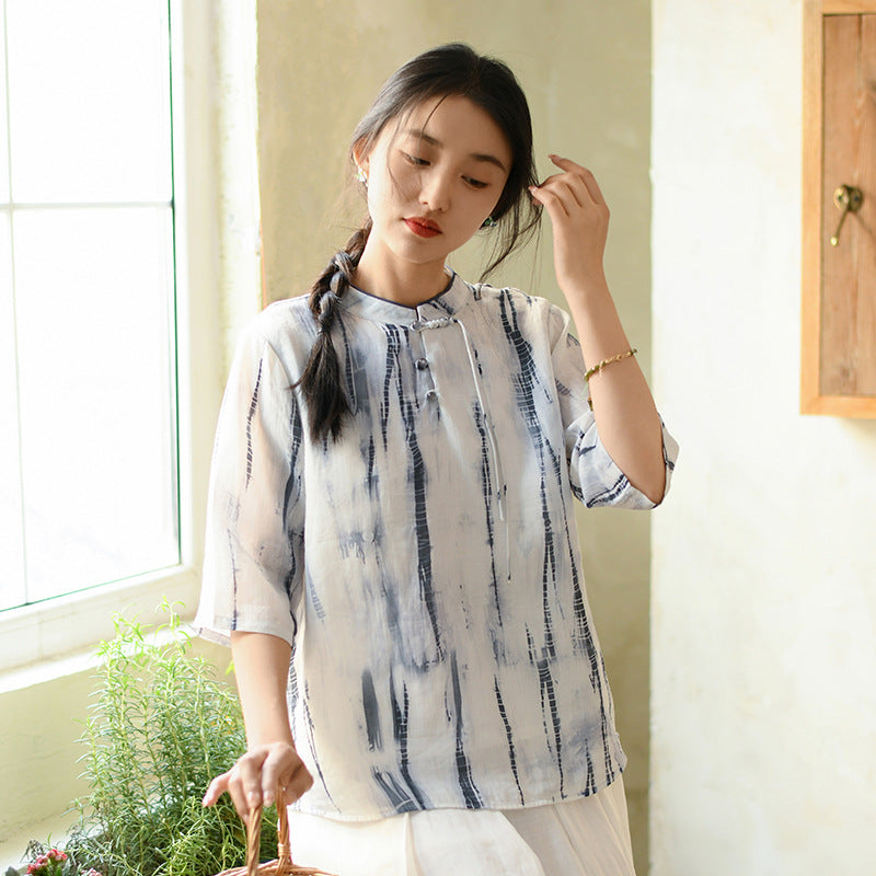 Women Summer Ethnic Print Loose Stand Collar Ramie Shirt II1010 BUYKUD