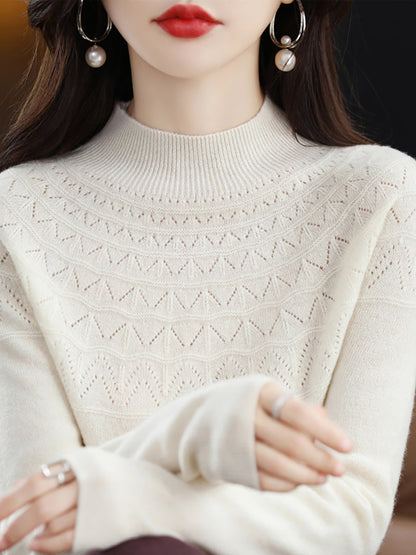 Women Autumn Solid Cable Knit 100%Wool Half Turtleneck Sweater QN017 BK