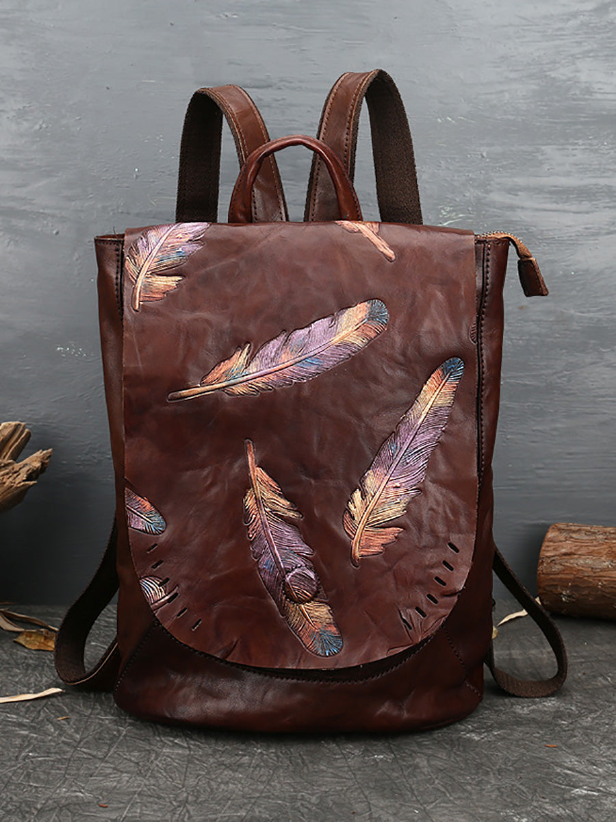 Women Vintage Leather Feather Embossing Backpack AH1089 ZLPJ