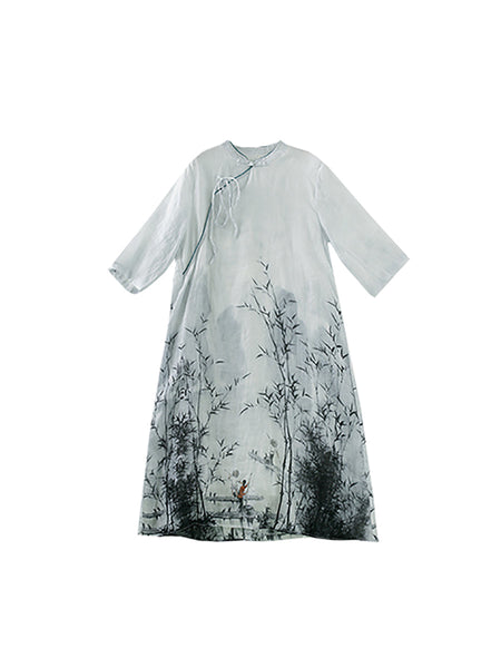 Plus Size Women Summer Bamboo Print Ramie Dress SC1029 Ada Fashion