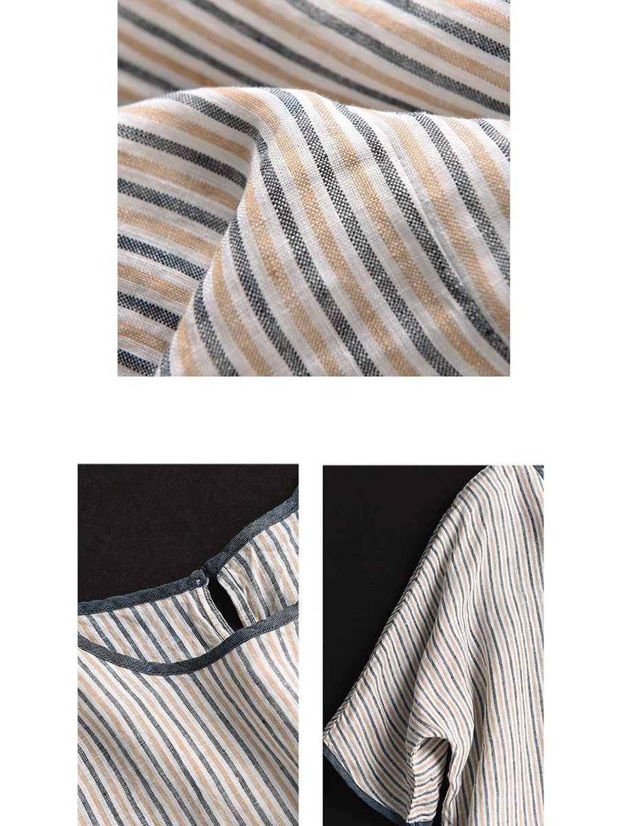 Women Summer Vintage Stripe Spliced Linen Shirt BN1040 Ada Fashion