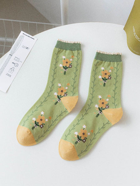 5 Pairs Women Artsy Flower Green Mid-Calf Socks IO1011 Ada Fashion