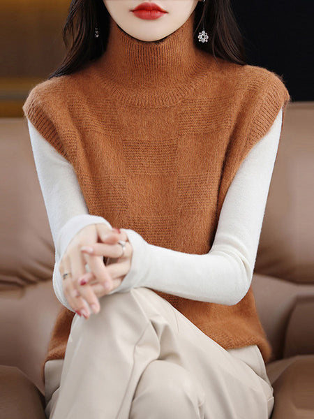 Women Casual Wool Turtleneck Plaid Knit Vest BA1016 Genistyle Shop