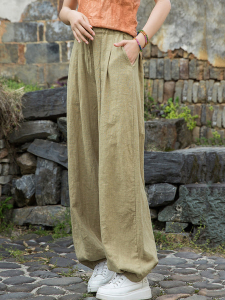 Women Pure Ramie Straight Worn Color Summer Pants FashionChic