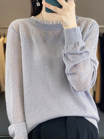 Women Autumn Solid Lace Knit Sweater QM030 BK