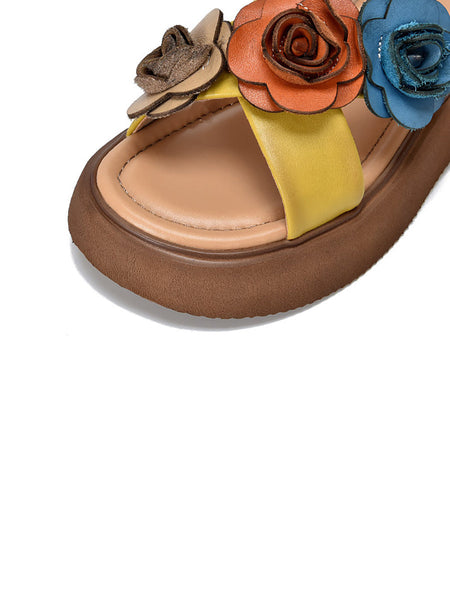 Women Summer Platform Spliced Flower Leather Slippers FashionChic