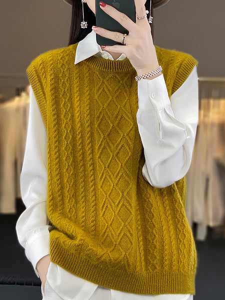 Women Casual Wool O-Neck Twist Knit Vest QU007 BUYKUD