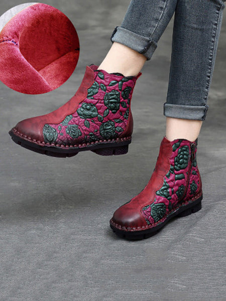 Women Retro Flower Leather Spliced Zipper Low Heel Boots AT1067 RXMY