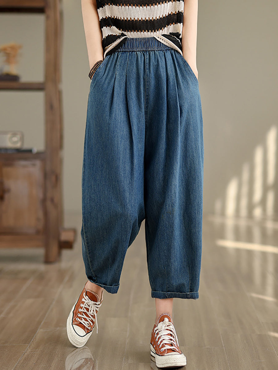 Women Summer Vintage Solid Denim Loose Harem Pants OP1007 BUYKUD