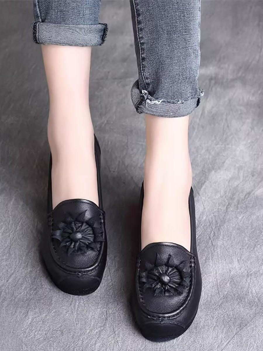 Women Vintage Flower Genuine Leather Low Heel Shoes AS1005 RXMY