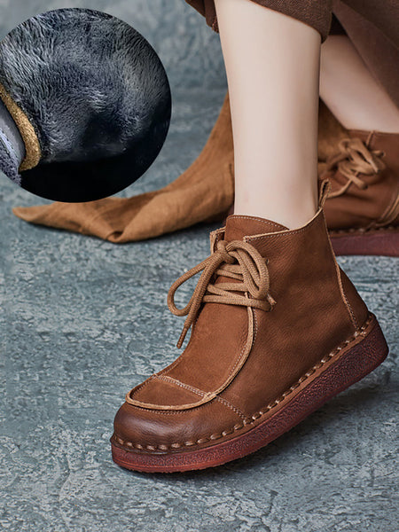 Women Winter Retro Leather Spliced Flat Boots QM025 BUYKUD