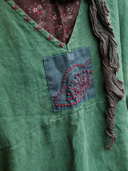 Women Retro Summer Spliced Linen V-Neck Dress AA1033 Ada Fashion