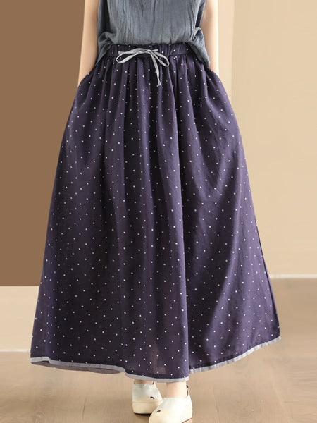 Women Summer Artsy Dot Loose Ramie Skirt PP1047 BUYKUD