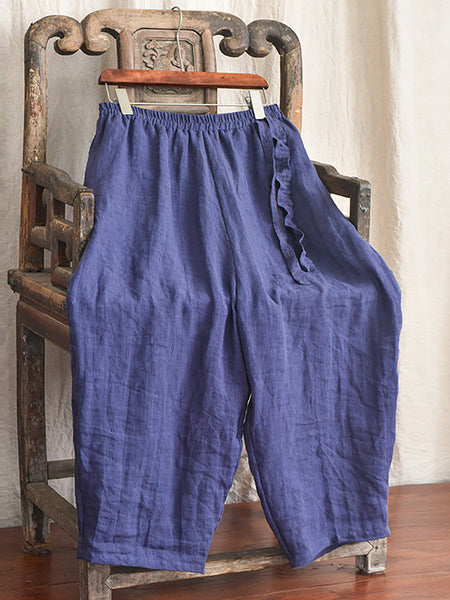Women Casual Solid Drawstring Loose Linen Turnip Pants CX045 QYMM