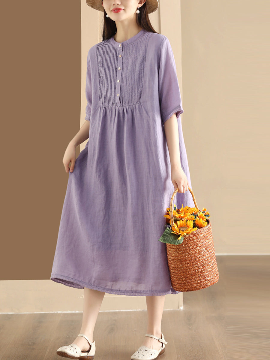 Women Summer Casual Solid Shirred Button Linen Dress HH019 LN
