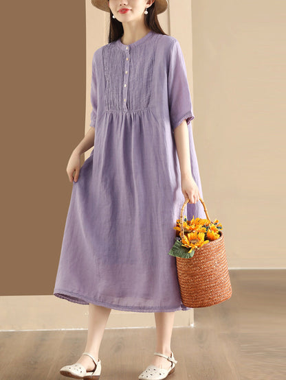 Women Summer Casual Solid Shirred Button Linen Dress HH019 LN
