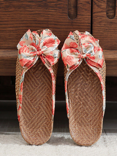 Bowknot Ethnic Weave Women Indoor Slippers Straw Flower FashionChic