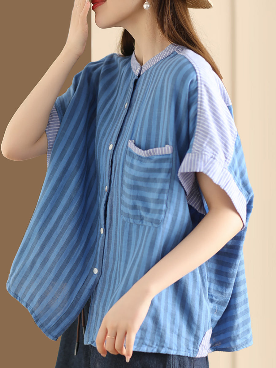 Women Summer Artsy Stripe Spliced Linen Shirt WE1039 Ada Fashion