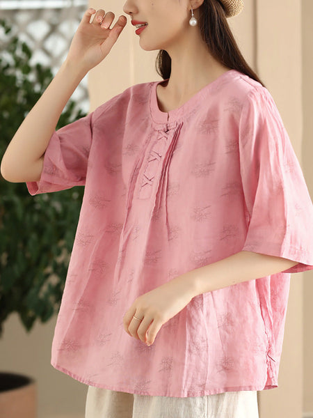 Women Summer Artsy Flower Stand Collar Ramie Shirt LL040 BUYKUD