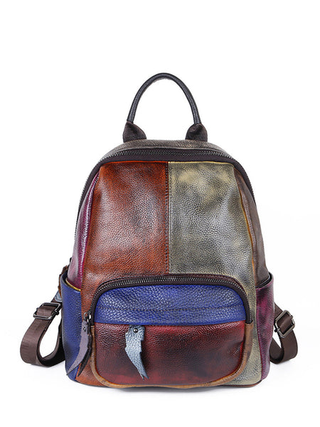Women Colorblock Hand Painted Outdoor Leather Backpack AH1072 HDW