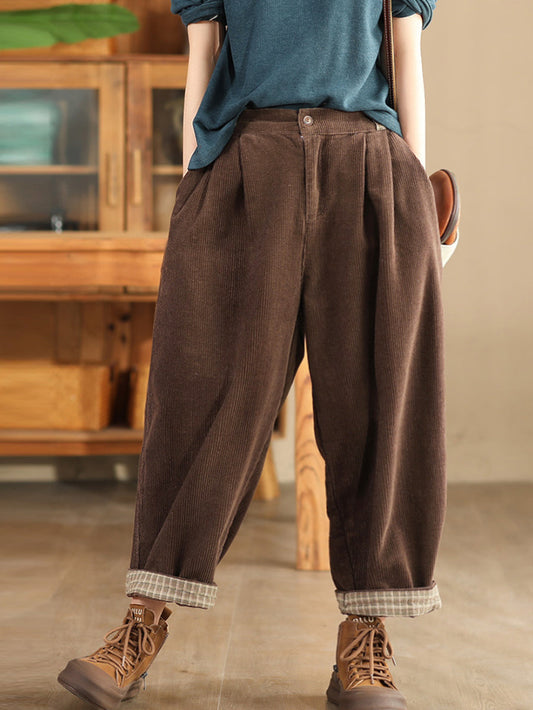 Women Autumn Vintage Solid Corduroy Harem Pants QU026 BK